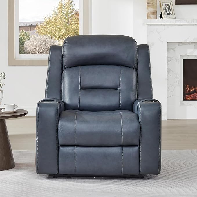 Watson & Whitely Oversized Genuine Leather Power Recliner Chairs for Big and Tall, Extra Wide Lay Flat Recliner with Power Headrest & Cup Holders, Electric Reclining Sofa for Living Room, Navy Blue