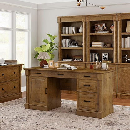 61.85″ Executive Desk with Roman Column Design, Large Boss Office Desk 3 Drawers incl. File Drawer, Keyboard Tray, Cabinet Shelf with Door, Vintage Oak