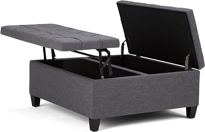 SIMPLIHOME Harrison Coffee Table Storage Ottoman - 36 inch Wide Upholstered Linen Look Fabric Square Lift-Top Ottoman in Slate Grey, Transitional Ottoman for Living Room with Hidden Storage