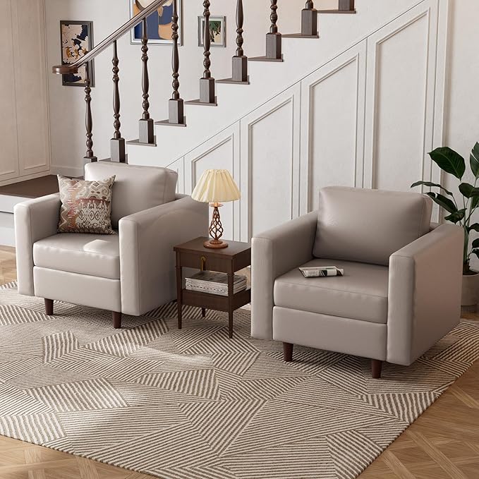 ABCASA Faux Leather Oversized Accent Chair with Storage Deep Seat Single Sofa Large Reading Armchair for Living Room Bedroom Office Whitesand Set of 2