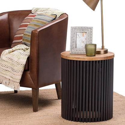 SIMPLIHOME Demy Metal and Wood Accent Table - 18 inch Wide Solid Metal Round End Table in Natural and Black, Industrial Side Table or Coffee Table for Living Room with Compact Design, Assembled