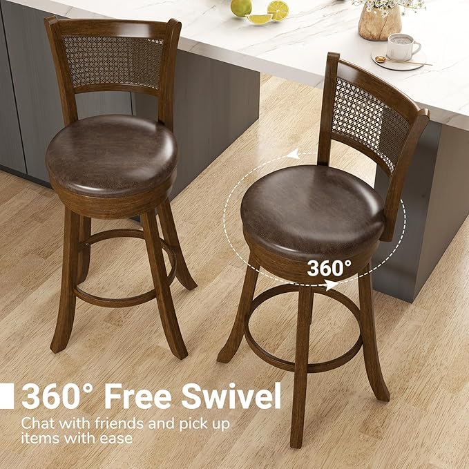 COSTWAY 30” Swivel Bar Height Barstool Set of 2, Rubber Wood Bar Stools with Rattan Backrest, Footrest, Upholstered Leathaire Armless Chairs for Kitchen Island, Pub, Brown(2, 30” Seat Height)