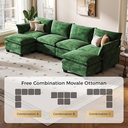 KKL 120" Modular Sectional Sofa, U-Shaped 6 Seater Convertible L-Shaped Cloud Couch with Ottoman, Chenille Modern Sectional Couches for Living Room, Apartment, Green