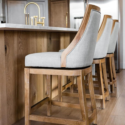 Maven Lane Vienna Counter Stools 26 Inches – Set of 4 – Swivel Stools with Footrests – Brown Solid Wood and Natural Fabric Upholstery – Ideal for Kitchen Islands and Counters