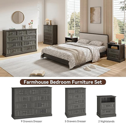 Farmhouse Dresser and Nightstand Sets, 4Pcs Bedroom Furniture Set, Nightstand Set of 2 & 55" Wide 9 Drawer and 44" Tall 5 Drawer Dresser with Large Drawers & Bar Handles, Grey