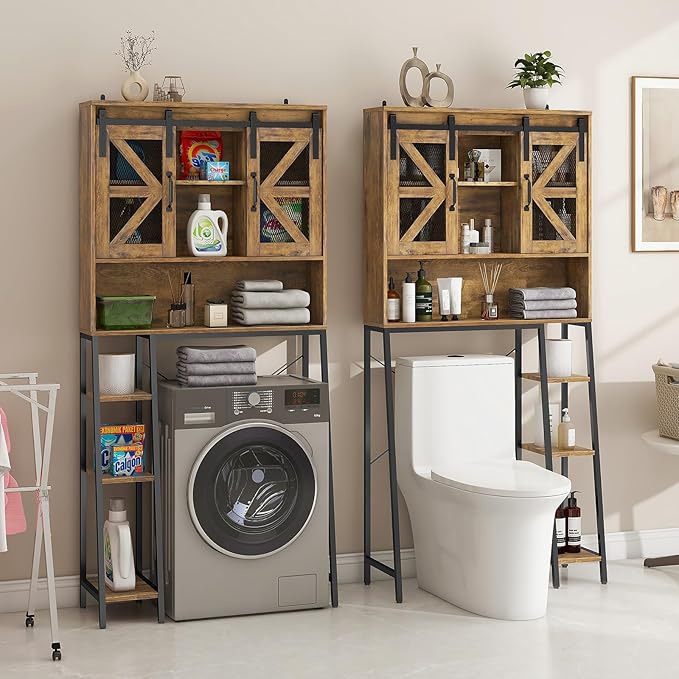 Over The Toilet Storage Cabinet, Farmhouse Storage Cabinet Over Toilet with 2 Sliding Barn Door，Home Space-Saving Toilet Rack, for Bathroom, Restroom, Laundry.(Brown)