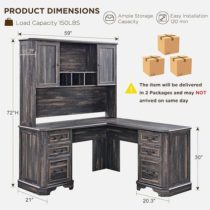 T4TREAM L Shaped Desk with Hutch,59" Farmhouse Wood Home Office Executive Desk,Charging Station,File Drawer, Storage Cabinet,Computer Desk for Work and Study (Dark Rustic Oak)