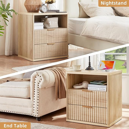 LEYAOYAO Fluted Nightstand with Charging Station, 23" Modern Night Stand with Woodgrain Top, 2 Drawers End Table w/Storage, Bedside Tables for Bedroom, Living Room, Curved Profile Design,Wood