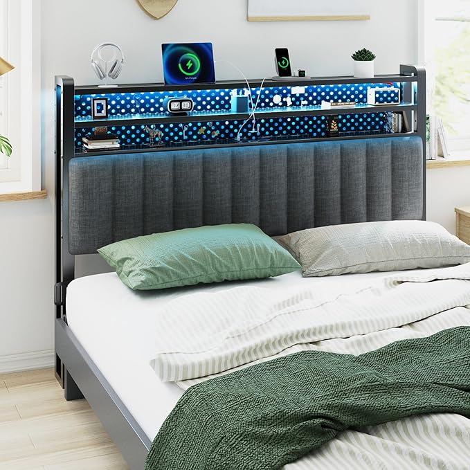 VINGLI Full Size Headboard Only, Adjustable Upholstered Headboard with 3 Tier Shelves and Pegboard with Charging Stations and LED Lights, Modern Bed Headboard with Storage for Bedroom Decor