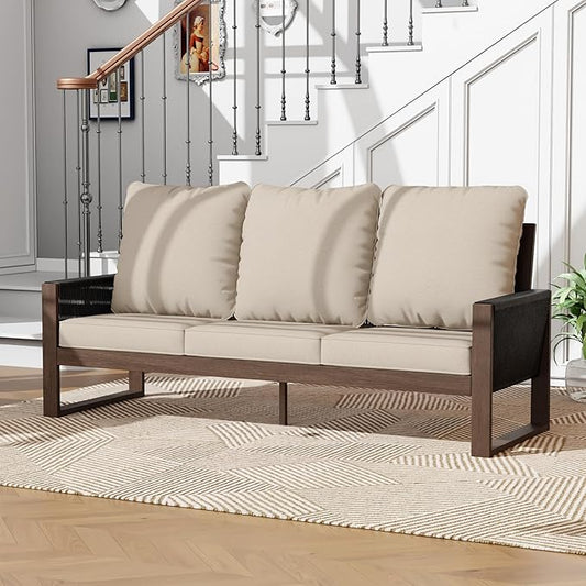 Patio Furniture 3 Seater Sofa Cedar Wood Indoor&Outdoor Couch, Outside Deep Seat High Back Porch Sofa