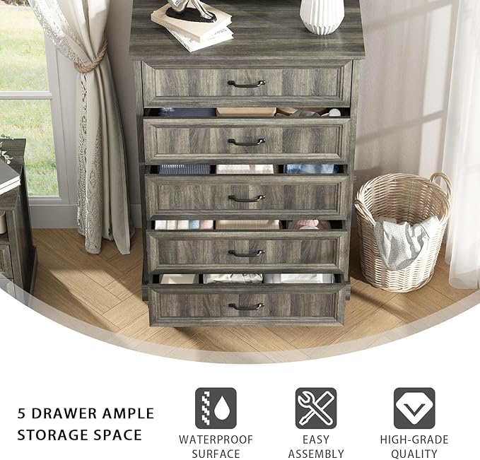 CARPETNAL Farmhouse 5 Drawers Dresser for Bedroom, 44" Tall Grey Dresser Wood Rustic Chest of Drawers with Wide Metal Handle,Natural Texture,Drawer Organizer for Bedroom,Living Room,Hallway