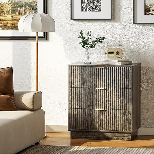 Mid Century Modern 3 Drawer Dresser for Bedroom, Fluted Wood Nightstand with Round Edge Design, Shallow Bedroom Storage for Closet, Living Room（Charcoal Oak）