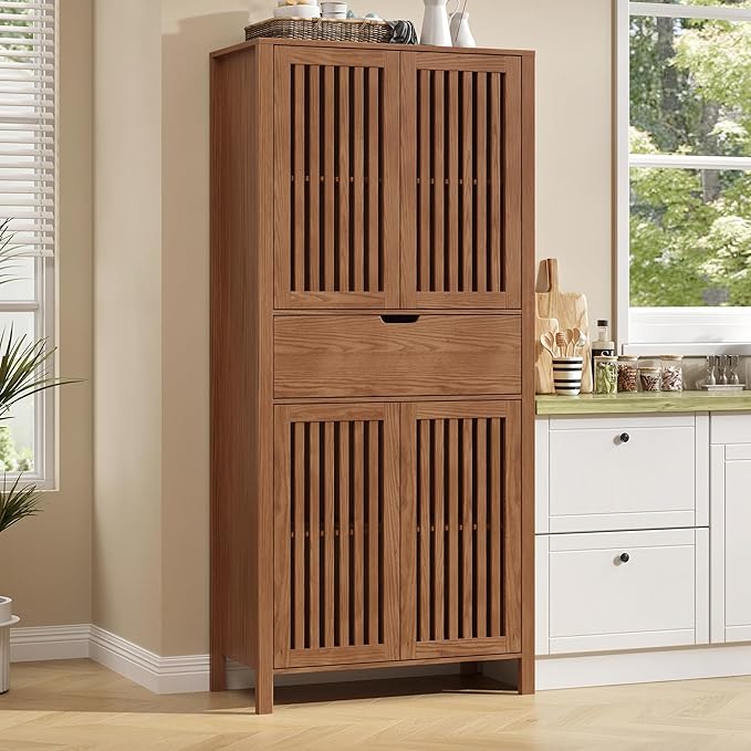 69" Tall Farmhouse Storage Cabinet with Drawer & Adjustable Shelves, Grille Door Organizer Unit, Anti-Tip Design for Bathroom, Kitchen, Living Room, Rustic Brown