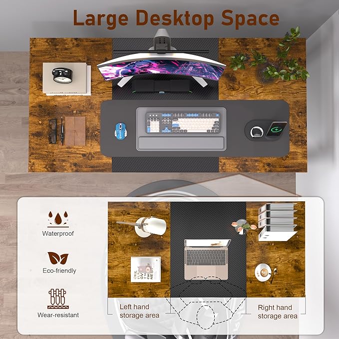 StarGraph Gaming Desk 47 Inch Modern Computer Desk Large Home Office Desks with Carbon Fiber Desktop Study Writing Work Game Desks with Sturdy Metal Frame, Rustic Brown