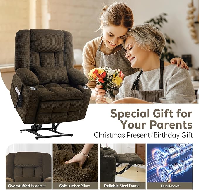 ABCASA Oversized Dual Motor Lay Flat Power Lift Massage Recliner Chair Set of 2, Lift Chairs Recliner with Lumbar Pillow, Cup Holder for Elderly with Heat for Living Room - Brown