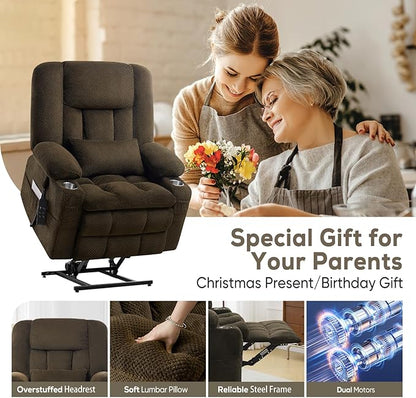 ABCASA Oversized Dual Motor Lay Flat Power Lift Recliner Chair, Massage Recliner with Heat for Living Room, Lumbar Pillow, USB & Type-C Ports, Oversized Recliner for Elderly & Big People - Brown