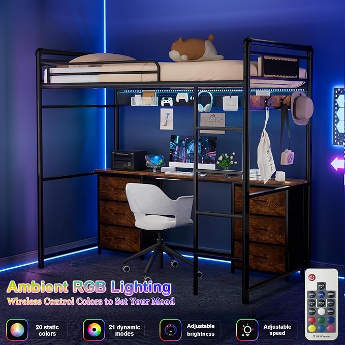 Loft Bed with Desk, Gaming Bunk Bed with Stairs, Twin Metal Loft Bed Heavy Duty Loft Beds for Adults, 6 Fabric Drawers, LED Lights & Charging Sation, No Noise & No Box Spring Needed, Black