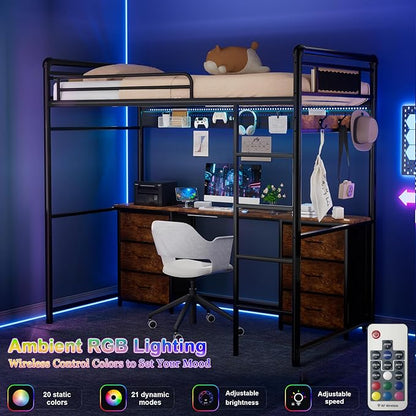 Loft Bed with Desk, Gaming Bunk Bed with Stairs, Twin Metal Loft Bed Heavy Duty Loft Beds for Adults, 6 Fabric Drawers, LED Lights & Charging Sation, No Noise & No Box Spring Needed, Black