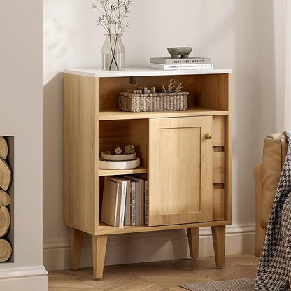 Small Bathroom Floor Cabinet with 3 Drawers Toilet Cabinet with Sliding Door Farmhouse Side Storage Organizer Cabinets with Faux Marble Top for Kitchen, Living Room， Natural Oak