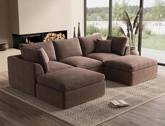 110" Cloud Sectional Couches for Living Room, Boneless U Shaped Couch with Ottoman, 3 Seater Modular Sectional Sofa, Brown