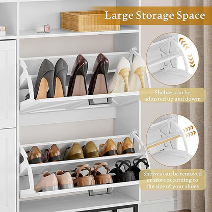 Shoe Cabinet Storage for Entryway, Shoe Storage Cabinet with 4 Flip Drawers, Freestanding Narrow Shoe Rack Organizer with Metal Legs, Adjustable Shelves & Open Storage for Foyer, Hallway, White