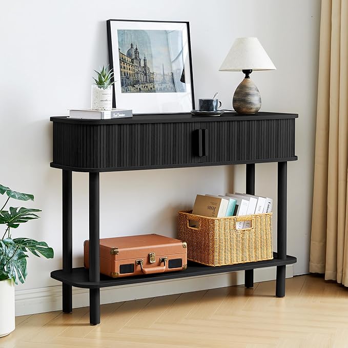 RARZOE Console Table with Storage, Fluted Entryway Table with Sliding Door&Open Shelf, Sofa Table Behind Couch, Mid-Century Modern Accent Table for Hallway, Entrance, Foyer, Fully Assembled(Black)
