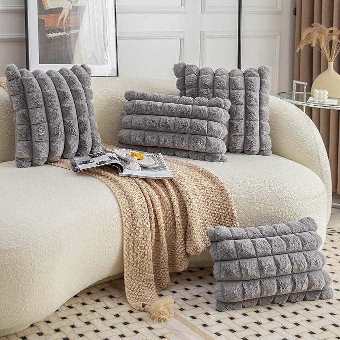 Neelvin Grey Faux Fur Cozy Soft Plaid Decorative Throw Pillow Covers 16x16 inch Set of 2,Velvet Pillowcase Cushion Case for Sofa Couch