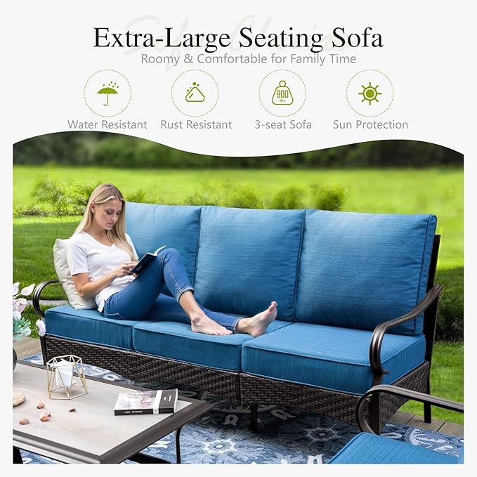 Sophia & William Patio Furniture Set with Fire Pit Table, 4 PCS Metal Outdoor Conversation Set with Fire Pit Table, 2 Swivel Chairs,3-Seater Couch for Outdoor Seating, Backyard, Porch(Navy)