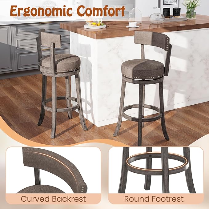COSTWAY Bar Stools Set of 2, Upholstered Farmhouse Bar stools with Cushioned Seat & Backrest, Solid Wood Legs, Footrest, 31” Bar Height Swivel Stools for Kitchen Island, Pub (2, 31'' Seat Height)