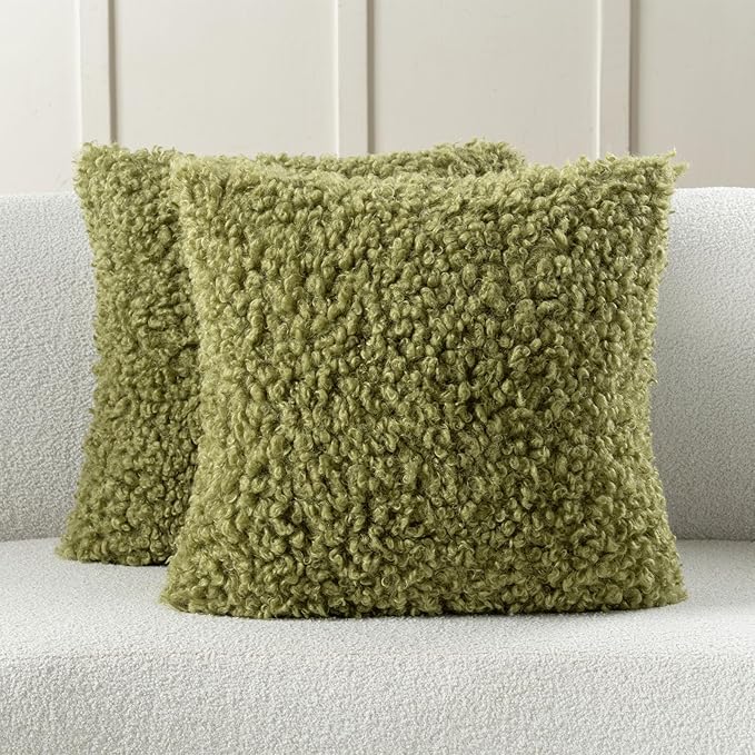 FUTEI Olive Green Decorative Throw Pillow Covers 18x18 Inch Set of 2,Soft Fluffy Faux Wool Fur Boucle Textured Cushion Case,Modern Home Decor for Couch Bed Living Room Office