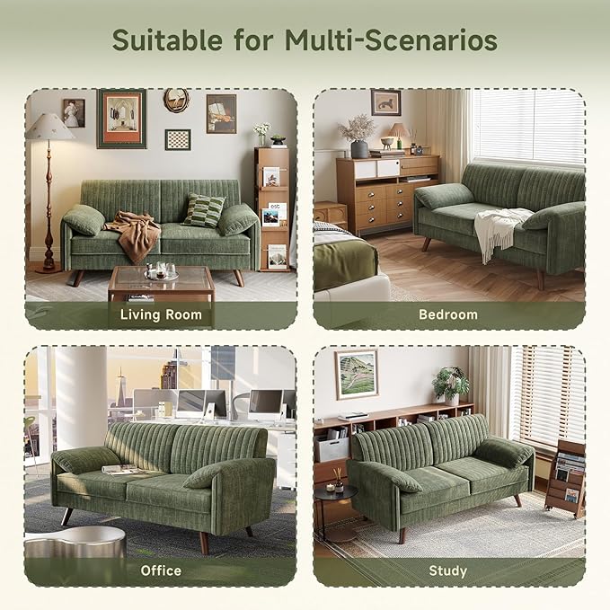 ONBRILL 64.5" Loveseat Sofa, Chenille Loveseat Couch for Living Room, 23.2" Deep Seat Love Seat with Padded Arms, Comfy Modern Small Couches for Bedroom, Small Spaces, Dorms, Office, Green