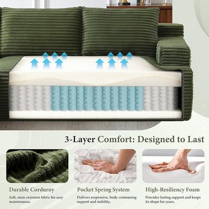 96''Sectional Couches for Living Room,Modern Modular Sectional Sofa,Upholstered Boneless Couch with Pockets,Comfy Cloud Couch with L Shaped Chaise(Green, 96''W Left Facing Chaise)