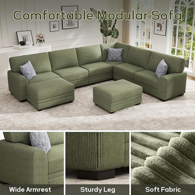 Wanderwell Oversized Modular Sectional Sofa, 8-Seater U Shaped Couches with Movable Ottoman,Corduroy Sectional Couch with Wide and Deep Seats Suitable for Living Room,Bedroom,Apartment (Olive, U-8)