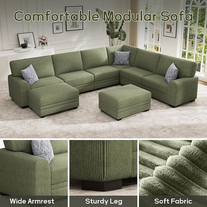 Wanderwell Oversized Modular Sectional Sofa, 8-Seater U Shaped Couches with Movable Ottoman,Corduroy Sectional Couch with Wide and Deep Seats Suitable for Living Room,Bedroom,Apartment (Olive, U-8)
