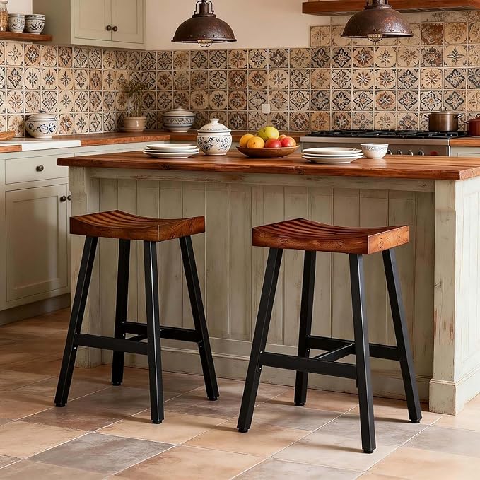 OUllUO Bar Stools Set of 4, Backless Saddle Barstools, 25" Counter Height Bar Stools, Solid Wood Counter Stools with Metal Frame, 521P-BBWD4