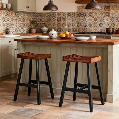 OUllUO Bar Stools Set of 3, Backless Saddle Barstools, 25" Counter Height Bar Stools, Solid Wood Counter Stools with Metal Frame, 521P-BBWD3
