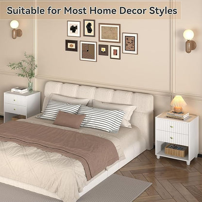 Modern Nightstand, Fluted End Table with 2 Drawers, Nightstand with Open Shelf for Bedroom (1, White)