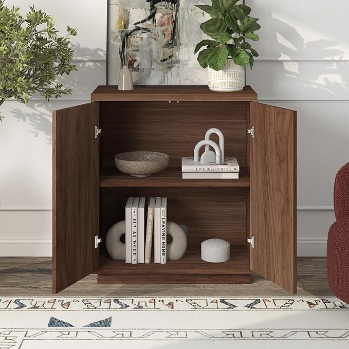 Henn&Hart 28" Fluted Wooden Accent Cabinet, Modern Ribbed Sideboard Buffet Cabinet with 2 Doors and an Adjustable Shelf for Living Room, Dining Room, Bedroom or Entryway, Satin Walnut
