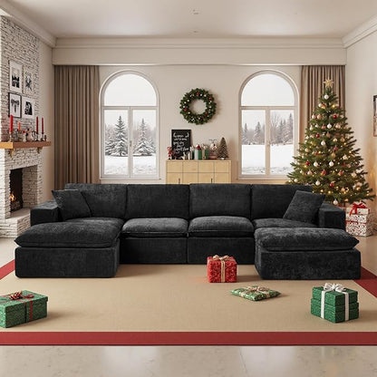 108" Sectional Couches for Living Room Boneless Couch Upholstered Cloud Couch Sectional Modular Sectional Sofa with L Shaped (Chenille-Black, 4 Seat+2 Ottoman)