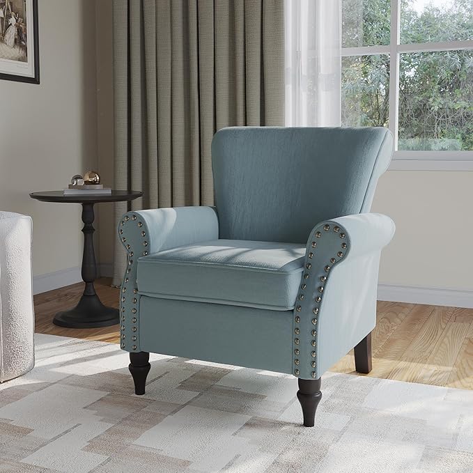 Accent Chair, Upholstered Armchair with High Resilience Sponge & Wood Legs, Mid-Century Modern Comfy Single Sofa Reading Chairs for Living Room, Bedroom (Blue, Set of 2)