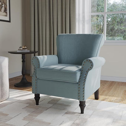 Accent Chair, Upholstered Armchair with High Resilience Sponge & Wood Legs, Mid-Century Modern Comfy Single Sofa Reading Chairs for Living Room, Bedroom (Blue, Set of 2)