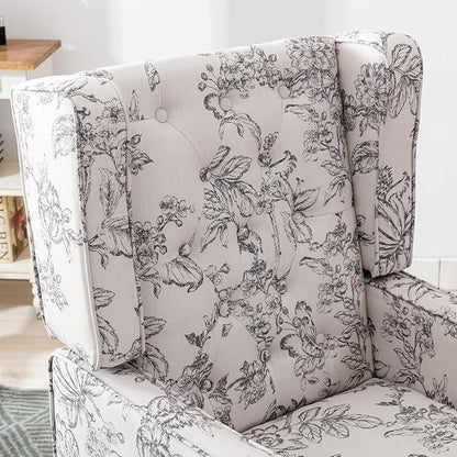 DUOMAY Tufted Accent Chair, Modern Linen Upholstered Wingback Side Arm Chair for Living Room Bedroom with Wood Legs, Comfy Reading Guest Chair for Office, Beige Flower Pattern