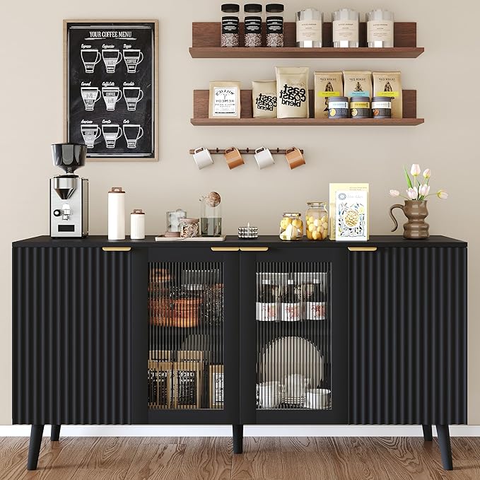 JASIWAY Modern Buffet Cabinet with Storage 55" Fluted Sideboard with 4 Doors Acrylic and Adjustable Shelves Wooden Coffee Bar Cabinet Storage Credenza for Living Room, Dining Room, Kitchen, Black