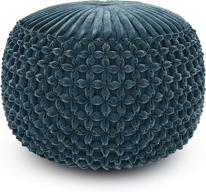 SIMPLIHOME Renee Boho Round Pouf in Teal Velvet Fabric for the Living Room, Bedroom and Kids Room