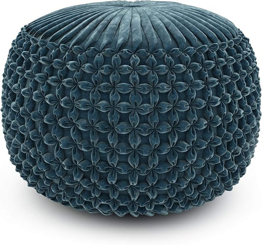 SIMPLIHOME Renee Boho Round Pouf in Teal Velvet Fabric for the Living Room, Bedroom and Kids Room