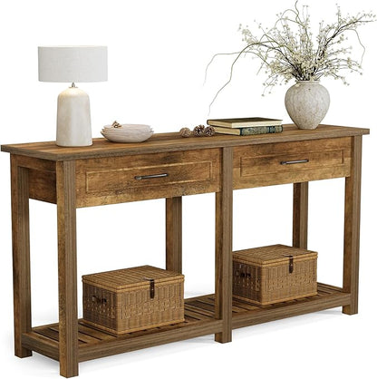 LITTLE TREE Modern Console Tables with 2 Drawers, Rustic 63 Inch Entryway Furniture, Behind Couch Table with Storage Shelf, for Living Room, Hallway, Entrance, Foyer, Rustic Brown