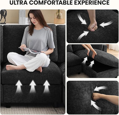 4-Seater Modular Sectional Cloud Sofa with Ottoman, Convertible L-Shaped Couch for Living Room, Modern Deep Seat Modular Sofa, Chenille Dark Grey