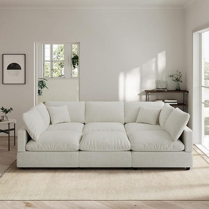 Linen Sleeper Sofa Bed,Modern Sectional Sofa Couch for Living Room,95.4 Inch Cloud Couches Cushion Covers Removable,Cozy Feather Down Sofa for Apartment Cream White