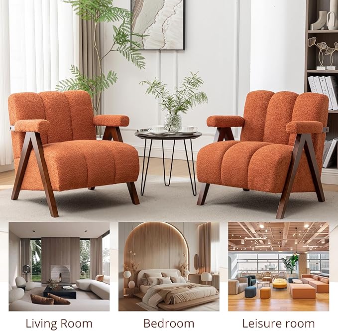 Mid Century Modern Accent Chairs Set of 2 with Solid Wood Frame, Boucle Upholstered Living Room Chairs with Thick Cushion, Comfy Tufted Arm Chair for Bedroom, Orange