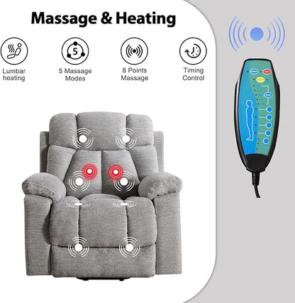 Large Power Lift Recliner Chair with Massage and Heat for Elderly, Wide Padded Recliner with 2 Cup Holders, Side Pocket & USB Charger,(1, Light Gray)
